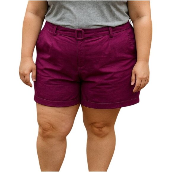 Lane Bryant Womens Plus Size 28 Plum Belted Cotton Shorts With Pockets - Picture 1 of 5